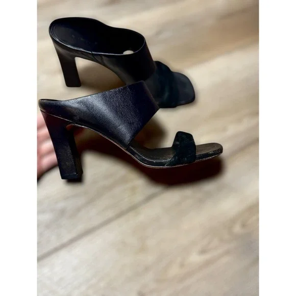 Vince Stylish Quinn Black Leather Suede Block Heel Mule Sandals Women's Size 7.5 - Picture 5 of 9